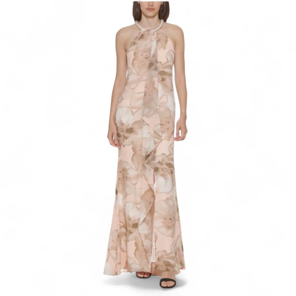 Calvin Klein Floral-Print Halter Gown, Pale Pink, Jeweled Collar, Size 6